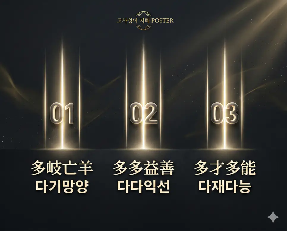 다기망양 뜻, 다다익선 뜻, 다재다능 뜻: 선택의 지혜와 다재다능함의 가치 정리 4 다기망양, 다다익선, 다재다능의 뜻과 핵심을 한눈에 정리한 세련된 영화 포스터 스타일의 FAQ 인포그래픽