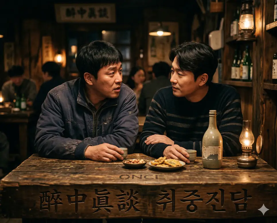 취중진담(醉中眞談) 뜻 – 술기운에 나누는 진실한 이야기라는 뜻으로 술잔을 기울이며 진심을 전하는 따뜻한 분위기의 이미지