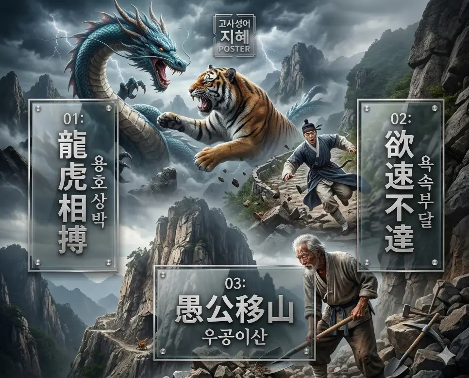 용호상박 뜻, 욕속부달 뜻, 우공이산 뜻: 막상막하의 기세와 인내의 지혜 정리 4 clash patience persistence premium faq poster