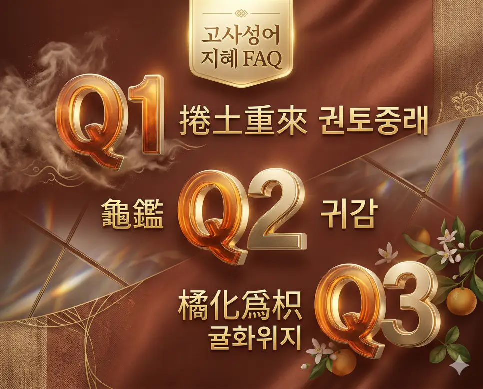 권토중래 뜻, 귀감 뜻, 귤화위지 뜻: 재기와 본보기, 환경의 지혜 정리 4 권토중래, 귀감, 귤화위지의 뜻과 지혜를 한눈에 정리한 세련된 매거진 스타일의 FAQ 인포그래픽