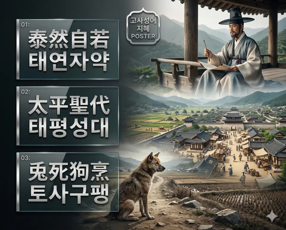 태연자약, 태평성대, 토사구팽의 뜻과 핵심을 담은 세련된 영화 포스터 스타일의 고사성어 인포그래픽