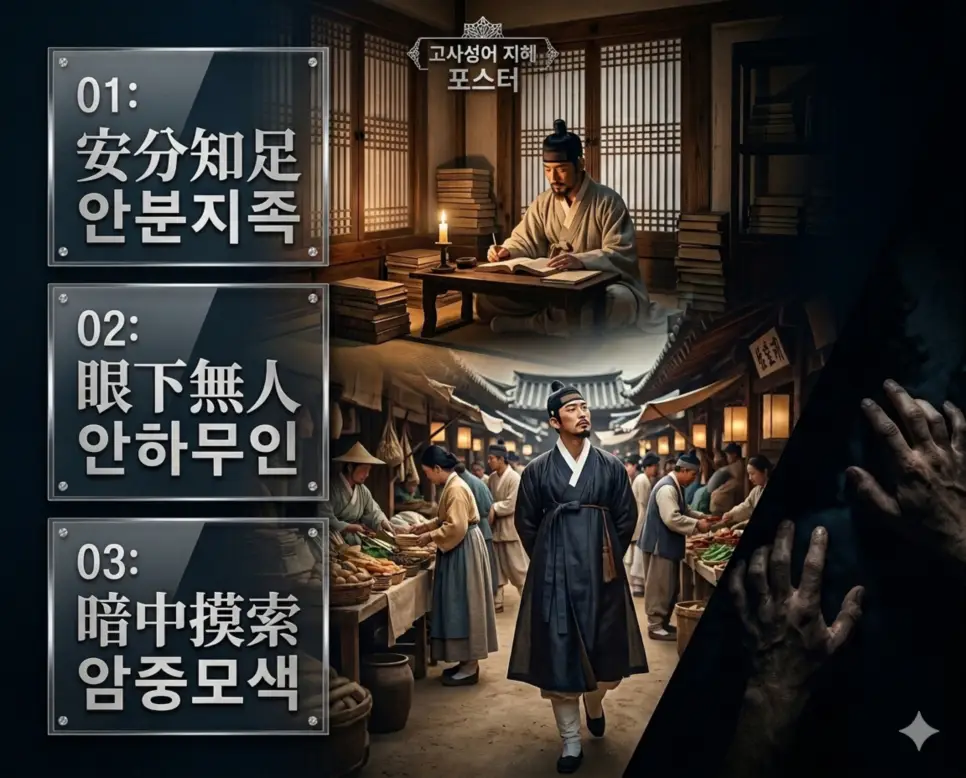 안분지족, 안하무인, 암중모색의 뜻과 핵심을 담은 세련된 영화 포스터 스타일의 FAQ 인포그래픽