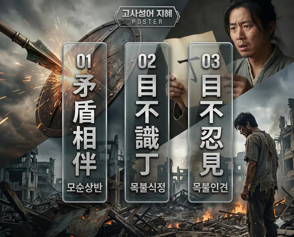 모순상반, 목불식정, 목불인견의 뜻과 핵심을 담은 세련된 영화 포스터 스타일의 FAQ 인포그래픽