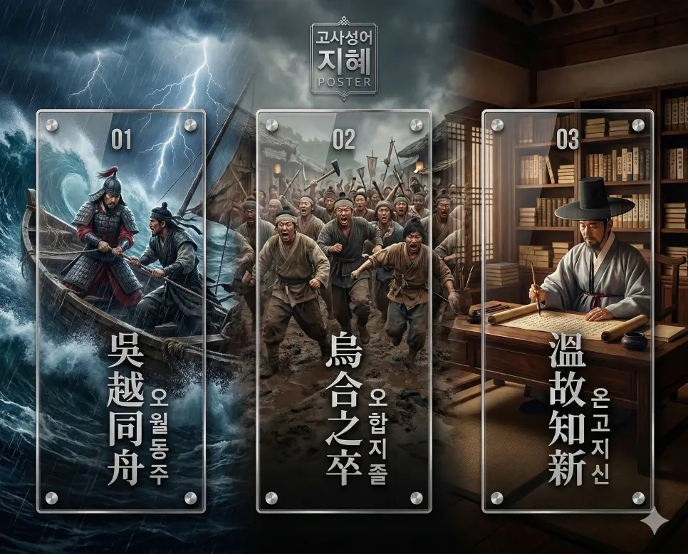 오월동주, 오합지졸, 온고지신의 뜻과 핵심을 담은 세련된 영화 포스터 스타일의 FAQ 인포그래픽
