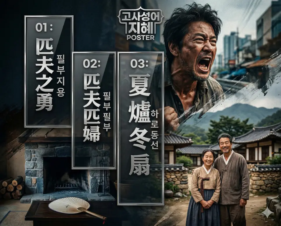 필부지용 뜻, 필부필부 뜻, 하로동선 뜻: 진정한 용기와 평범한 삶, 시기를 놓친 지혜 정리 4 필부지용, 필부필부, 하로동선의 뜻과 핵심을 담은 세련된 영화 포스터 스타일의 고사성어 인포그래픽