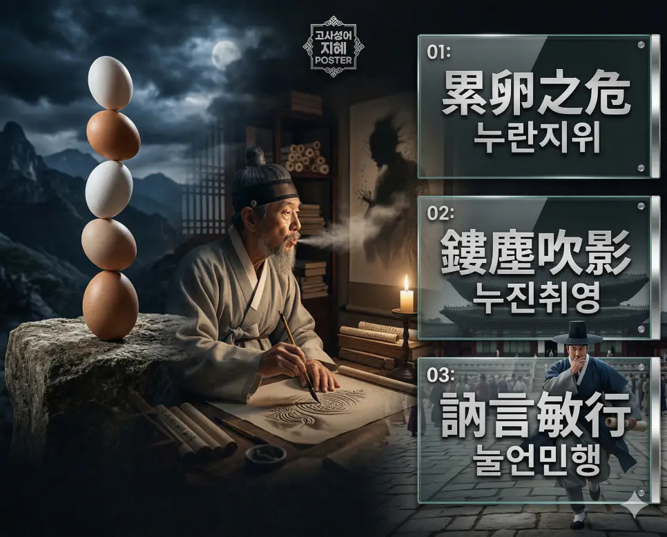 누란지위 뜻, 누진취영 뜻, 눌언민행 뜻: 층층이 쌓인 위기와 인재 등용, 신중한 말과 빠른 행동의 지혜 정리 4 누란지위, 누진취영, 눌언민행의 뜻과 핵심 지혜를 담은 세련된 영화 포스터 스타일의 고사성어 인포그래픽
