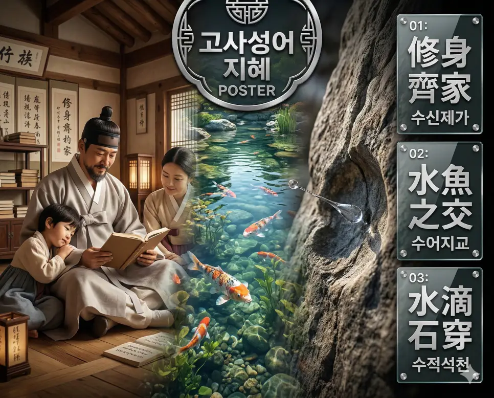 수신제가, 수어지교, 수적석천의 뜻과 핵심을 담은 세련된 영화 포스터 스타일의 FAQ 인포그래픽