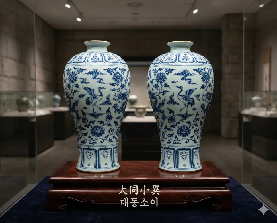 대동소이(大同小異) 뜻 – 큰 차이 없이 거의 같음을 의미하며, 모양이 아주 비슷한 두 개의 도자기가 나란히 놓인 사실적인 이미지