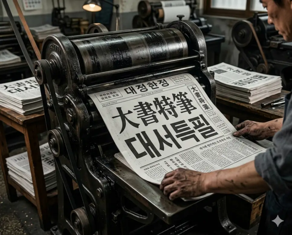대서특필(大書特筆) 뜻 – 누구나 알게 크게 적음을 의미하며, 신문 1면에 거대한 글씨로 기사가 실려 세상이 주목하는 사실적 이미지