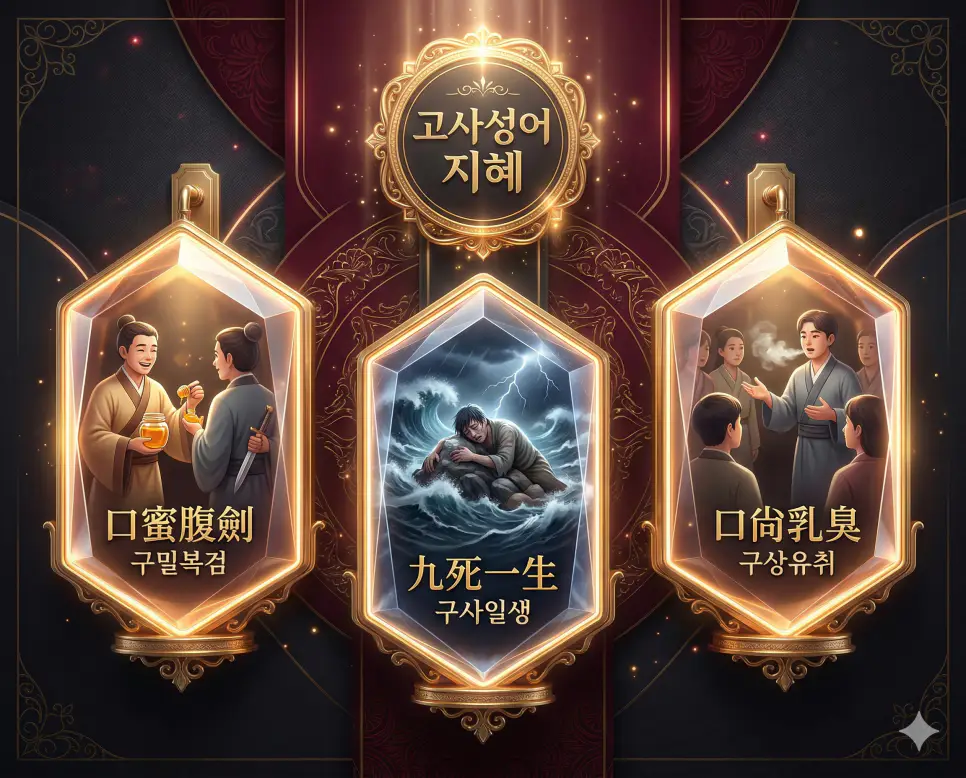 구밀복검 뜻, 구사일생 뜻, 구상유취 뜻: 위기를 넘어 마주한 냉혹한 현실의 지혜 4 구밀복검, 구사일생, 구상유취의 뜻과 지혜를 한눈에 정리한 독창적인 FAQ 인포그래픽
