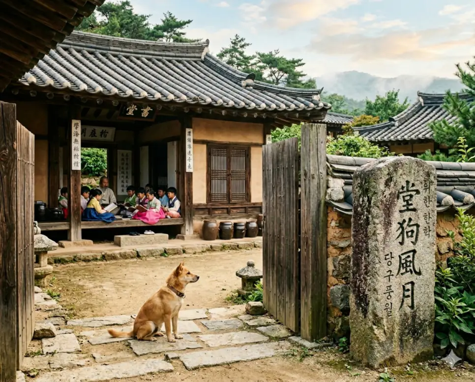 당구풍월(堂狗風月) 뜻 – 서당 개가 풍월을 읊는다는 뜻으로 환경의 중요성을 의미하며, 글 읽는 소리가 들리는 서당 마당에서 평화롭게 하늘을 보는 개의 사실적 이미지