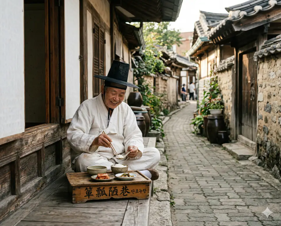 단표누항(簞瓢陋巷) 뜻 – 좁고 지저분한 거리에 사는 선비의 소박한 삶을 의미하며, 낡은 집 마루에 놓인 소박한 밥상과 평온한 선비의 사실적 이미지