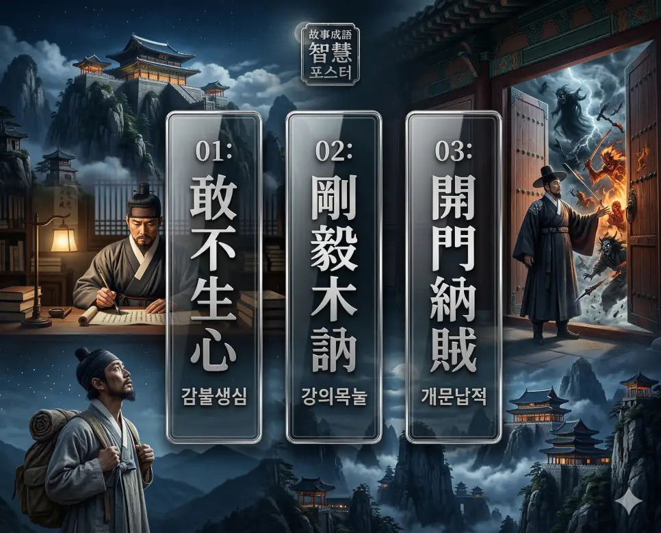 감불생심, 강의목눌, 개문납적의 뜻과 핵심을 담은 세련된 영화 포스터 스타일의 고사성어 인포그래픽