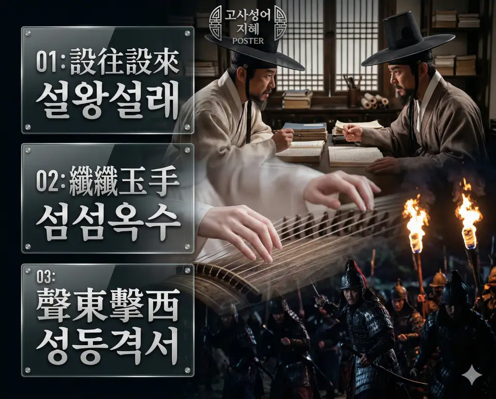 설왕설래 뜻, 섬섬옥수 뜻, 성동격서 뜻: 대화의 공방과 아름다운 자태, 전략적 기만의 지혜 정리 4 설왕설래, 섬섬옥수, 성동격서의 뜻과 핵심을 담은 세련된 영화 포스터 스타일의 FAQ 인포그래픽