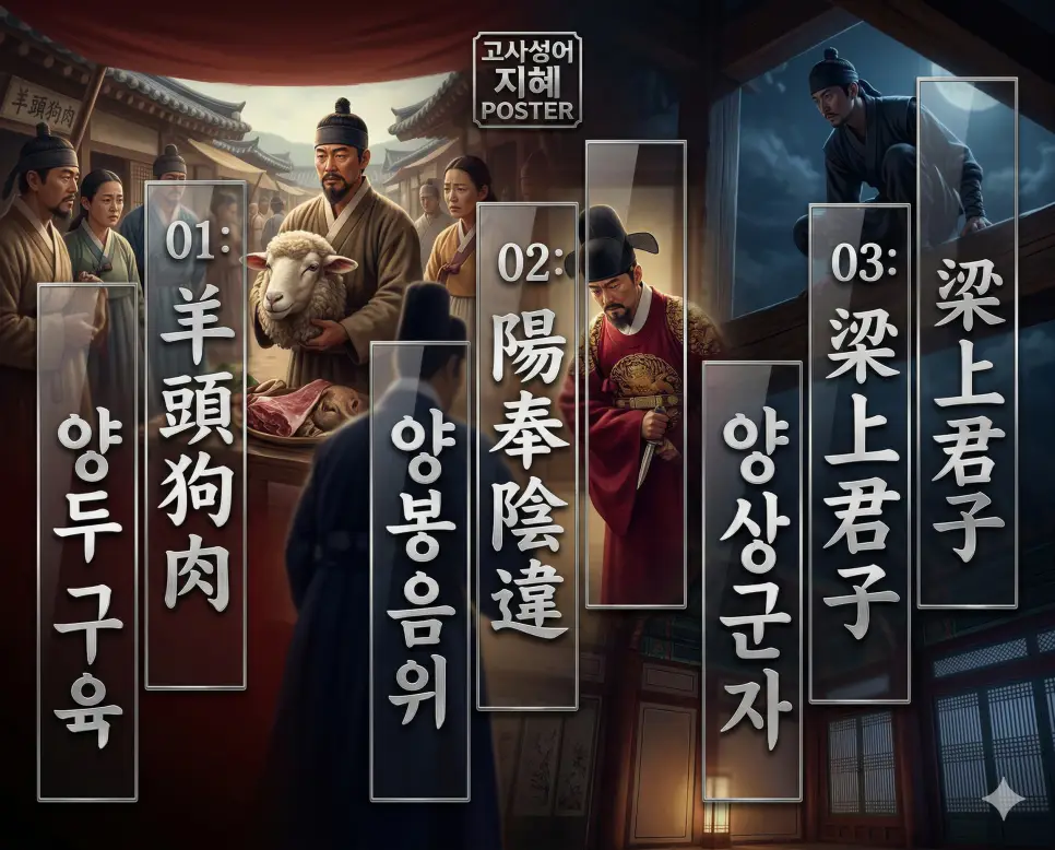 양두구육 뜻, 양봉음위 뜻, 양상군자 뜻: 겉과 속이 다른 기만의 경계와 처세의 지혜 정리 4 양두구육, 양봉음위, 양상군자의 뜻과 핵심을 담은 세련된 영화 포스터 스타일의 FAQ 인포그래픽