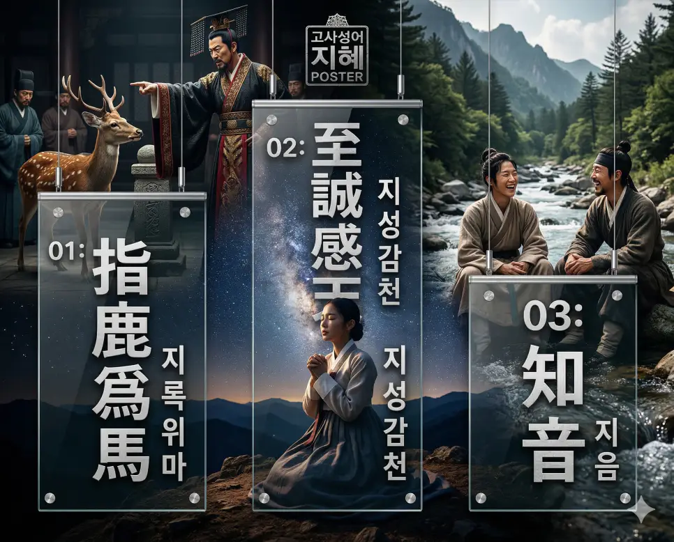 지록위마 뜻, 지성감천 뜻, 지음 뜻: 권력의 기만과 정성의 감동, 진정한 우정의 지혜 정리 4 지록위마, 지성감천, 지음의 뜻과 핵심을 담은 세련된 영화 포스터 스타일의 고사성어 인포그래픽