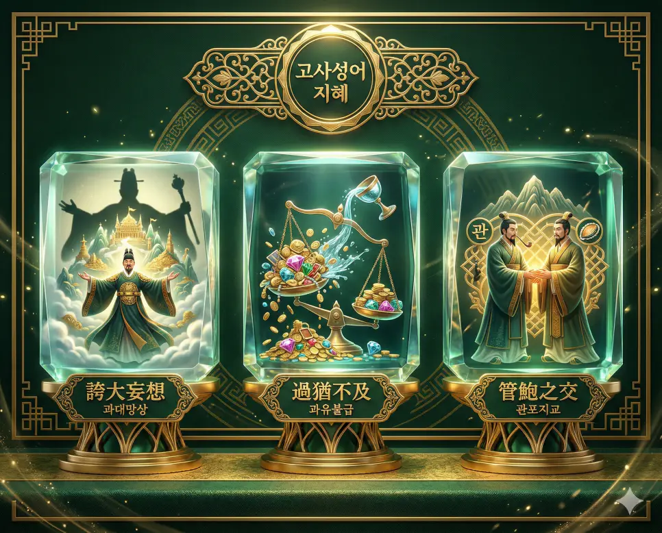과대망상 뜻, 과유불급 뜻, 관포지교 뜻: 허상을 넘어선 절제와 진실한 우정 4 과대망상, 과유불급, 관포지교의 뜻과 지혜를 한눈에 정리한 독창적인 FAQ 인포그래픽