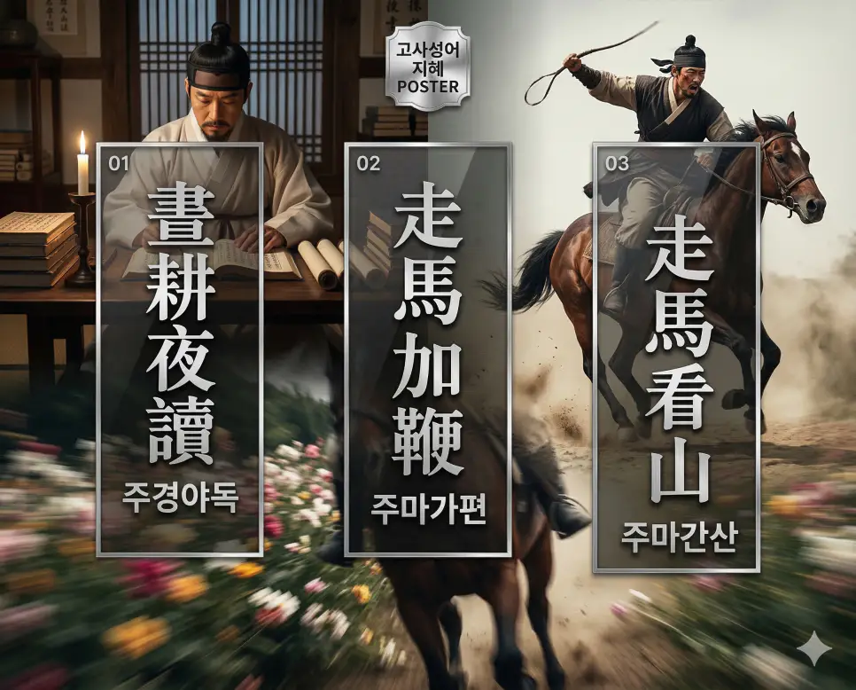 주경야독, 주마가편, 주마간산의 뜻과 핵심을 담은 세련된 영화 포스터 스타일의 고사성어 인포그래픽
