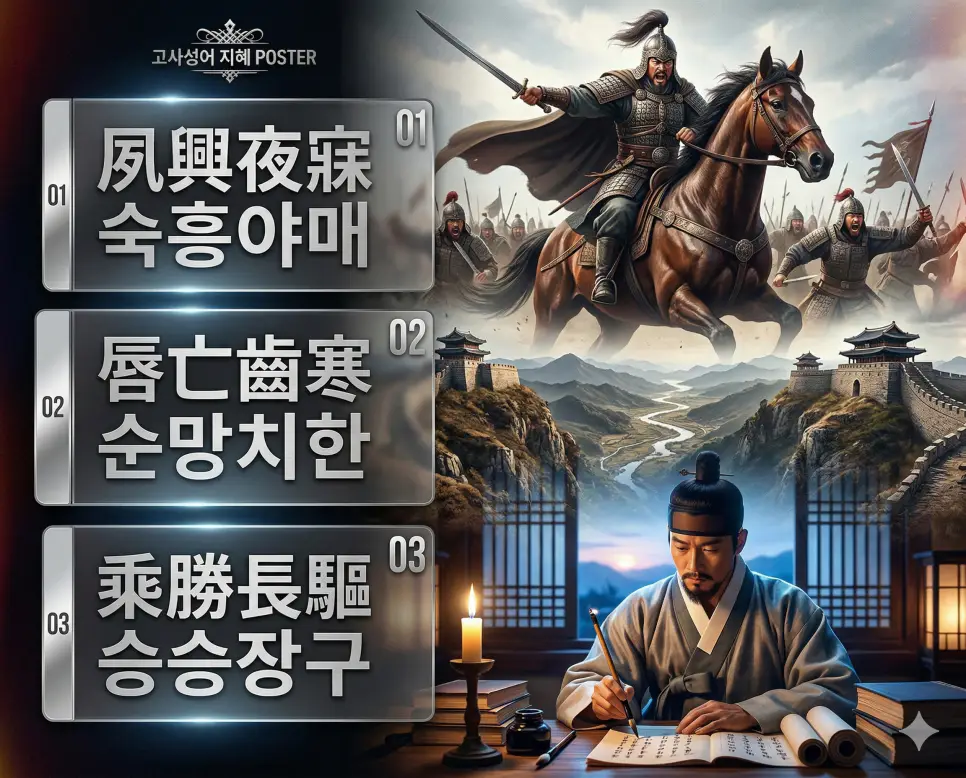 숙흥야매 뜻, 순망치한 뜻, 승승장구 뜻: 성실함의 미덕과 공생의 가치, 거침없는 승리의 지혜 정리 4 숙흥야매, 순망치한, 승승장구의 뜻과 핵심을 담은 세련된 영화 포스터 스타일의 FAQ 인포그래픽
