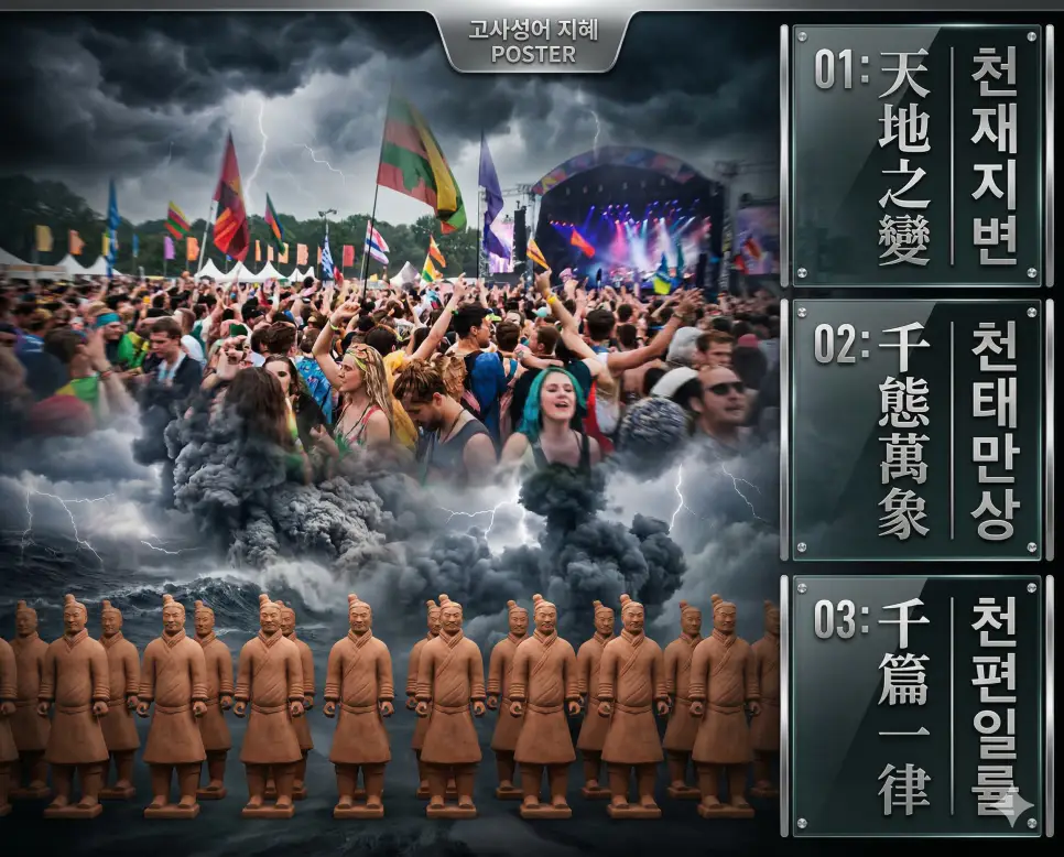 천재지변 뜻, 천태만상 뜻, 천편일률 뜻: 거대한 자연재해와 세상의 다채로움, 단조로움의 교훈 정리 4 촌철살인, 타산지석, 탁상공론의 뜻과 핵심을 담은 세련된 영화 포스터 스타일의 고사성어 인포그래픽
