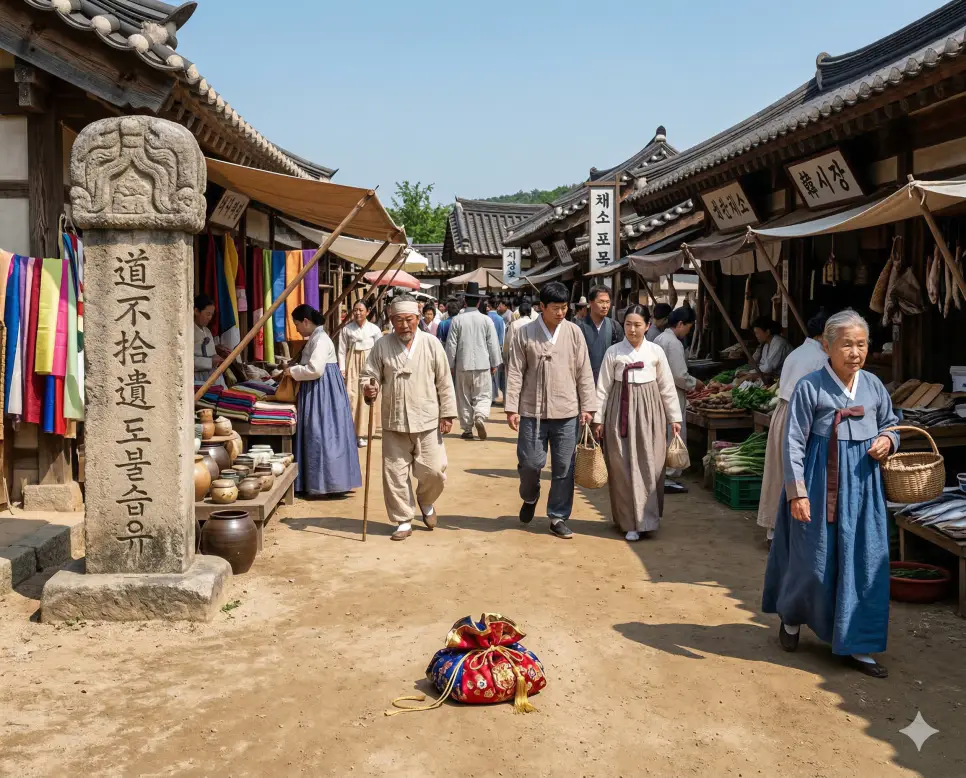 도불습유(道不拾遺) 뜻 – 길에 떨어진 물건을 줍지 않는다는 뜻으로, 도덕적으로 타락하지 않고 정직한 사회의 모습을 보여주는 사실적 이미지