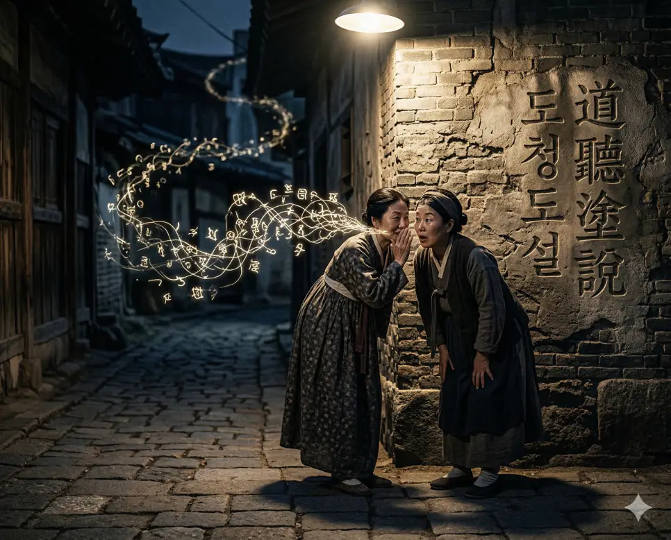 도청도설(道聽塗說) 뜻 – 길에서 듣고 길에서 말한다는 뜻으로, 근거 없는 뜬소문을 무책임하게 옮기는 사람들을 경계하는 사실적 이미지