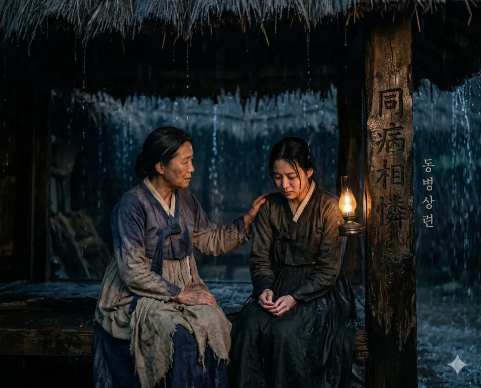 동병상련(同病相憐) 뜻 – 같은 병자끼리 가엽게 여긴다는 뜻으로 어려운 처지의 사람들끼리 동정함을 의미하며, 비 내리는 처마 밑에서 서로의 어깨를 감싸주는 인물들의 따뜻하고 사실적인 이미지