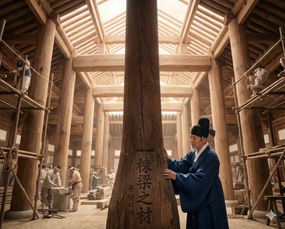 동량지재(棟梁之材) 뜻 – 기둥과 들보가 될 만한 재목이라는 뜻으로 국가의 인재를 의미하며, 거대한 궁궐의 튼튼한 대들보와 기둥을 바라보는 사실적 이미지
