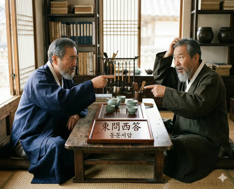 동문서답(東問西答) 뜻 – 동쪽을 묻는데 서쪽을 대답한다는 뜻으로 엉뚱한 대답을 의미하며, 서로 다른 방향을 가리키며 대화하는 인물들의 우스꽝스럽고 사실적인 이미지