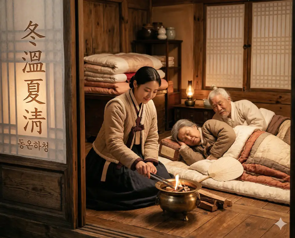 동온하청(冬溫夏淸) 뜻 – 겨울에는 따뜻하게 여름에는 시원하게 해드린다는 뜻으로, 부모님께 효도하는 자녀의 따뜻한 사실적 이미지