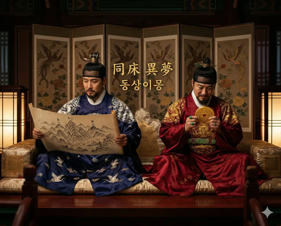 동상이몽(同床異夢) 뜻 – 같은 침상에서 서로 다른 꿈을 꾼다는 뜻으로 겉으로는 같이 행동하면서 속으로는 딴생각을 함을 의미하며, 나란히 앉아 서로 다른 곳을 응시하는 인물들의 묘한 긴장감이 담긴 사실적 이미지