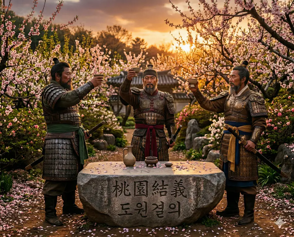 도원결의(桃園結義) 뜻 – 복숭아밭에서 의형제를 맺음을 의미하며, 만개한 복숭아꽃 아래에서 세 인물이 잔을 나누는 비장하고 사실적인 이미지