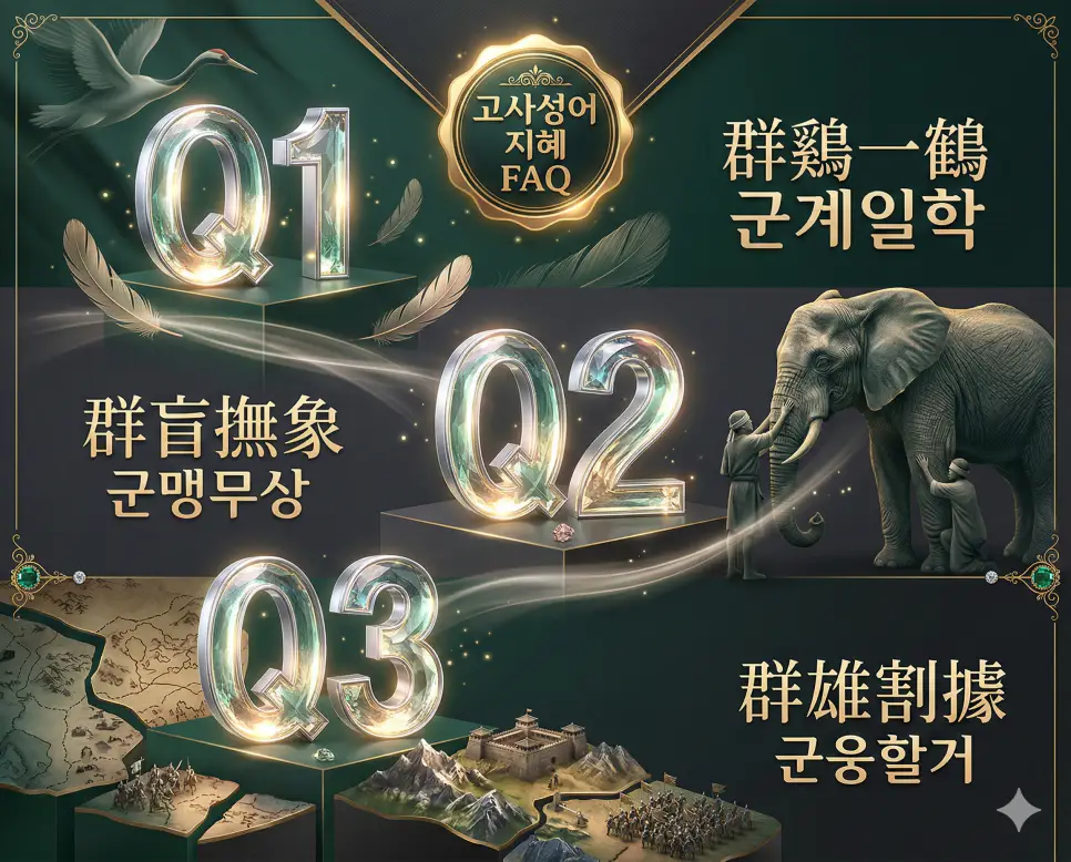군계일학 뜻, 군맹무상 뜻, 군웅할거 뜻: 독보적인 존재와 치열한 경쟁의 지혜 4 군계일학, 군맹무상, 군웅할거의 뜻과 지혜를 한눈에 정리한 세련된 매거진 스타일의 FAQ 인포그래픽