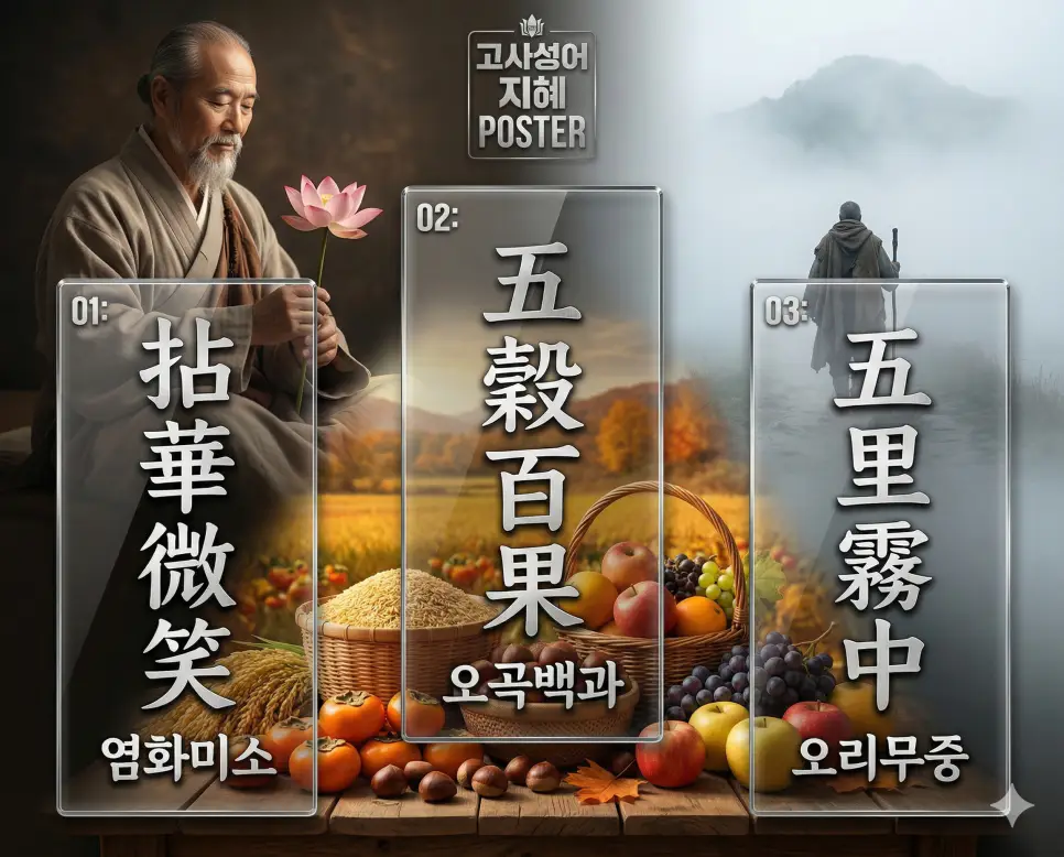염화미소, 오곡백과, 오리무중의 뜻과 핵심을 담은 세련된 영화 포스터 스타일의 FAQ 인포그래픽