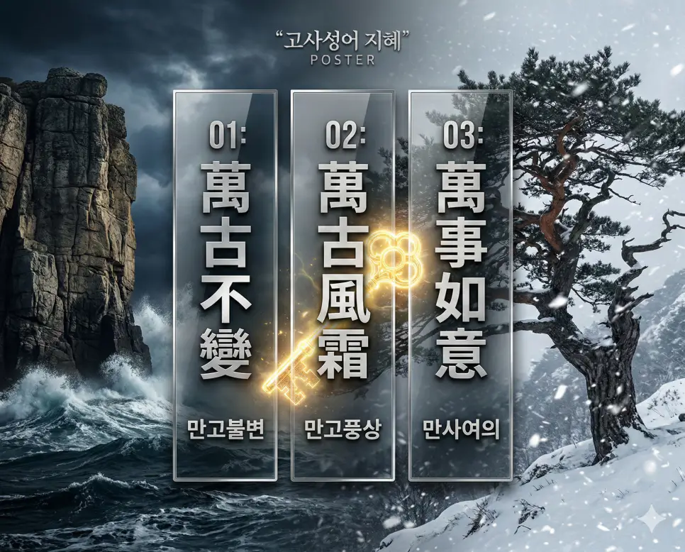 만고불변, 만고풍상, 만사여의의 뜻과 핵심을 배경 이미지와 함께 정리한 세련된 영화 포스터 스타일의 FAQ 인포그래픽