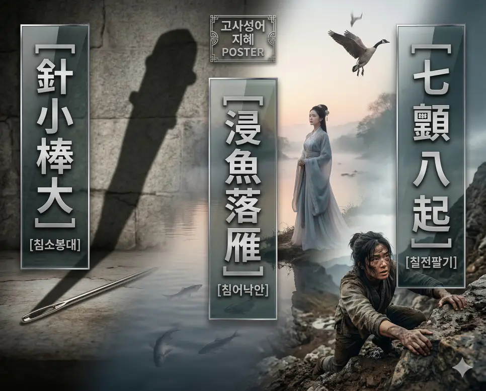 침소봉대 뜻, 침어낙안 뜻, 칠전팔기 뜻: 과장과 미모, 불굴의 의지가 담긴 지혜 정리 4 침소봉대, 침어낙안, 칠전팔기의 뜻과 핵심을 담은 세련된 영화 포스터 스타일의 고사성어 인포그래픽