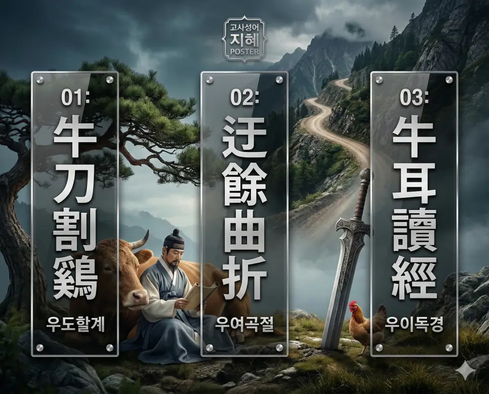 우도할계, 우여곡절, 우이독경의 뜻과 핵심을 담은 세련된 영화 포스터 스타일의 FAQ 인포그래픽