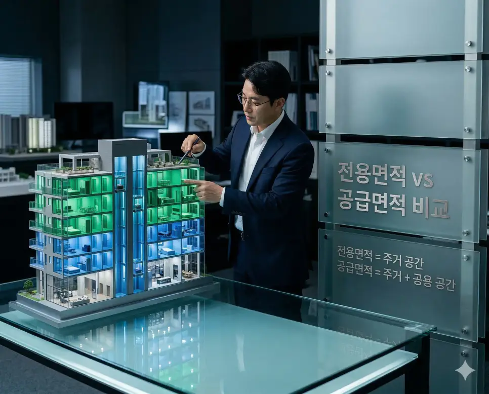 공급면적 전용면적 계산기 (아파트 오피스텔 빌라 전용률 비교) 2 전용면적과 공급면적을 3D 건축 모델로 비교한 인포그래픽 이미지