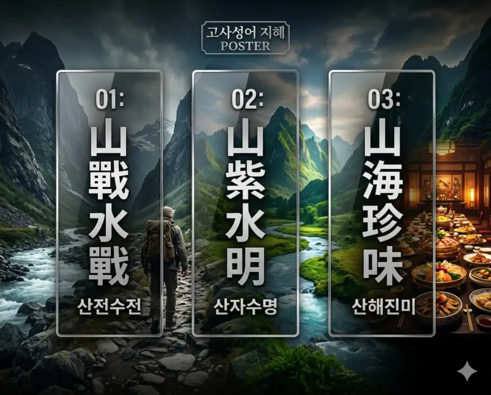 산전수전 뜻, 산자수명 뜻, 산해진미 뜻: 세상의 풍파를 이겨낸 내공과 자연의 아름다움, 풍요로운 식탁 정리 4 산전수전, 산자수명, 산해진미의 뜻과 핵심을 담은 세련된 영화 포스터 스타일의 FAQ 인포그래픽