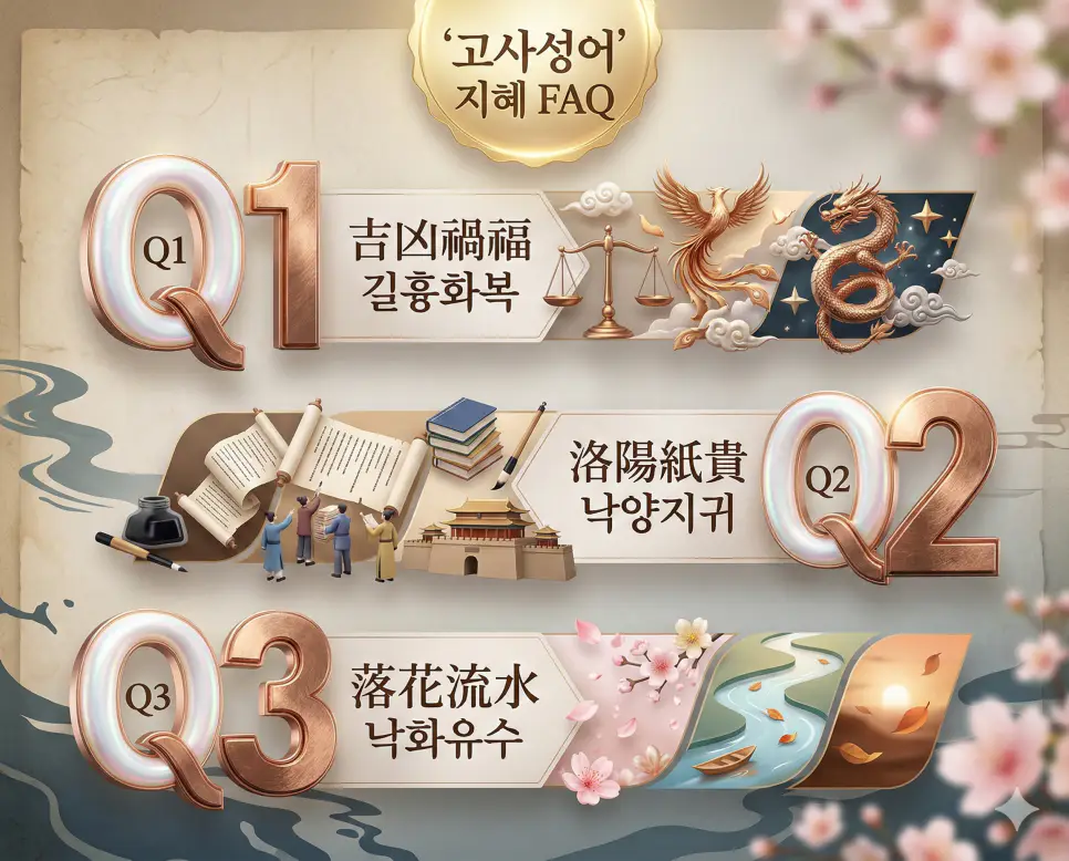 길흉화복 뜻, 낙양지귀 뜻, 낙화유수 뜻: 운명과 가치, 그리고 순리의 지혜 정리 4 길흉화복, 낙양지귀, 낙화유수의 뜻과 지혜를 한눈에 정리한 세련된 매거진 스타일의 FAQ 인포그래픽