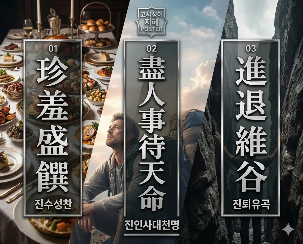 진수성찬 뜻, 진인사대천명 뜻, 진퇴유곡 뜻: 풍요로운 성찬과 최선의 노력, 딜레마의 교훈 정리 4 진수성찬, 진인사대천명, 진퇴유곡의 뜻과 핵심을 담은 세련된 영화 포스터 스타일의 고사성어 인포그래픽