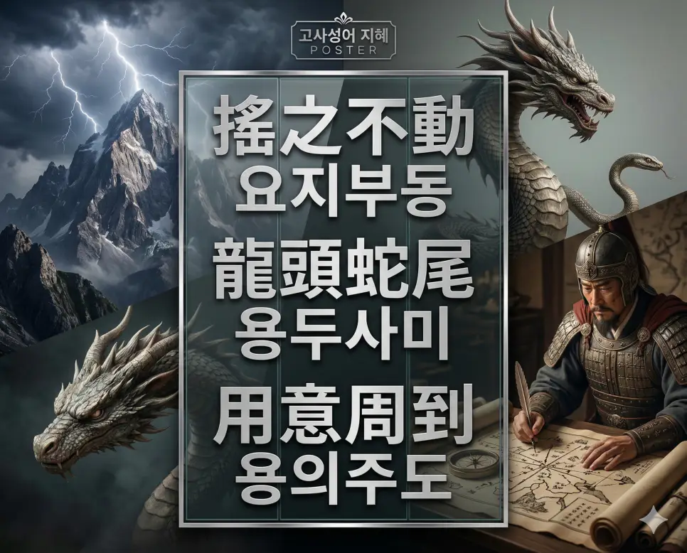 요지부동, 용두사미, 용의주도의 뜻과 핵심을 담은 세련된 영화 포스터 스타일의 FAQ 인포그래픽