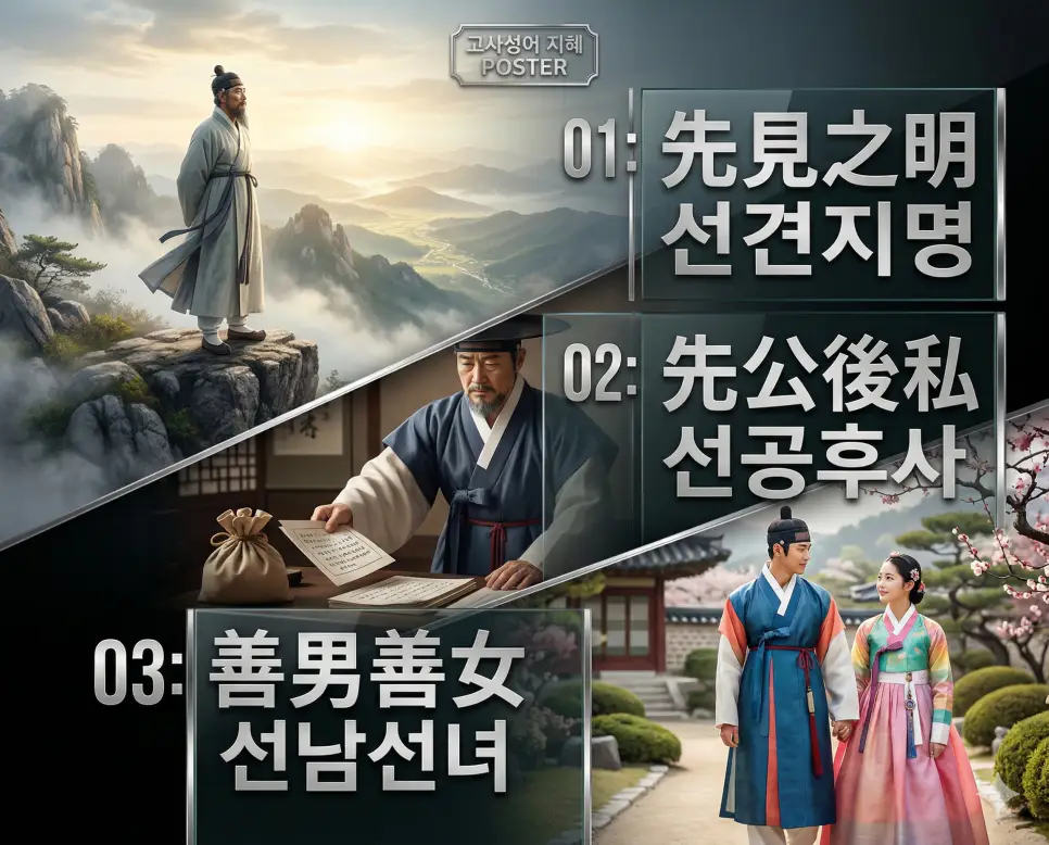 선견지명 뜻, 선공후사 뜻, 선남선녀 뜻: 앞날을 내다보는 안목과 공의 정신, 평범한 아름다움 정리 4 선견지명, 선공후사, 선남선녀의 뜻과 핵심을 담은 세련된 영화 포스터 스타일의 FAQ 인포그래픽