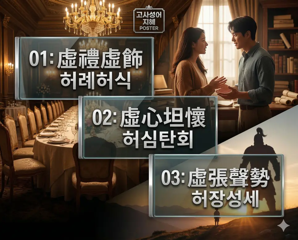 허례허식 뜻, 허심탄회 뜻, 허장성세 뜻: 겉치레의 허울과 진솔한 대화, 과장의 경계 정리 4 허례허식, 허심탄회, 허장성세의 뜻과 핵심을 담은 세련된 영화 포스터 스타일의 고사성어 인포그래픽