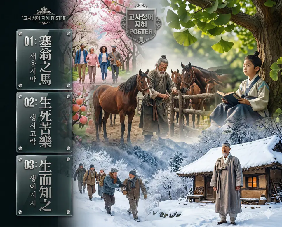 새옹지마 뜻, 생사고락 뜻, 생이지지 뜻: 인생의 변화와 동행의 가치, 천부적 지혜 정리 4 새옹지마, 생사고락, 생이지지의 뜻과 핵심을 담은 세련된 영화 포스터 스타일의 FAQ 인포그래픽