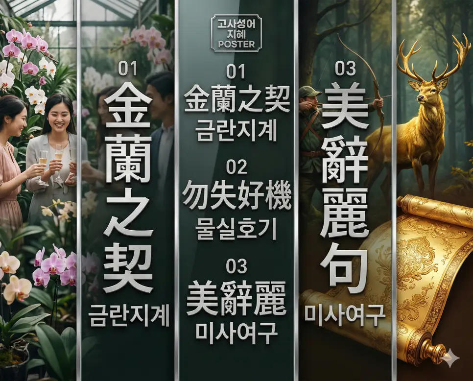 금란지계 뜻, 물실호기 뜻, 미사여구 뜻: 변치 않는 우정과 기회, 표현의 지혜 정리 4 금란지계, 물실호기, 미사여구의 뜻과 핵심을 담은 세련된 영화 포스터 스타일의 FAQ 인포그래픽