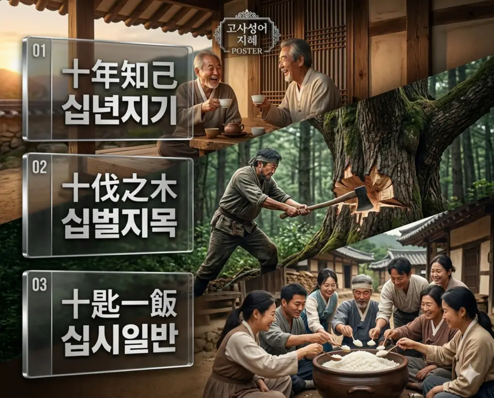 십년지기 뜻, 십벌지목 뜻, 십시일반 뜻: 변치 않는 우정과 끈기 있는 노력, 상생의 지혜 정리 4 십년지기, 십벌지목, 십시일반의 뜻과 핵심을 담은 세련된 영화 포스터 스타일의 FAQ 인포그래픽