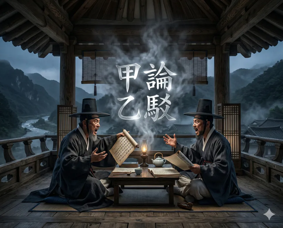 감탄고토 뜻, 갑남을녀 뜻, 갑론을박 뜻: 이기심과 평범함, 그리고 치열한 논쟁 3 갑론을박(甲論乙駁) 뜻 – 서로 자기 주장을 내세우며 논박함을 뜻하며, 한자 '甲論乙駁'이 새겨진 치열한 토론 현장의 사실적 이미지