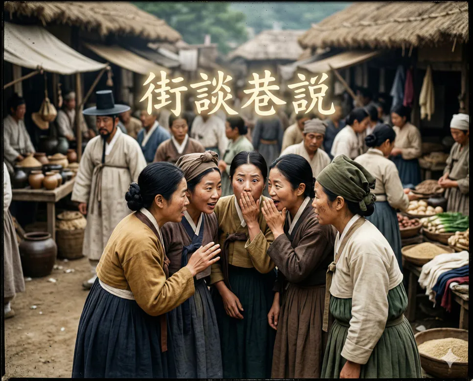 가기이방 뜻, 가담항설 뜻, 가담항의 뜻: 속임수와 말조심에 대한 고사성어 2 가담항설(街談巷說) 뜻 – 길거리나 세상 사람들 사이에 떠도는 소문, 한자 '街談巷說'이 배경에 흐르는 시장통의 사실적인 모습