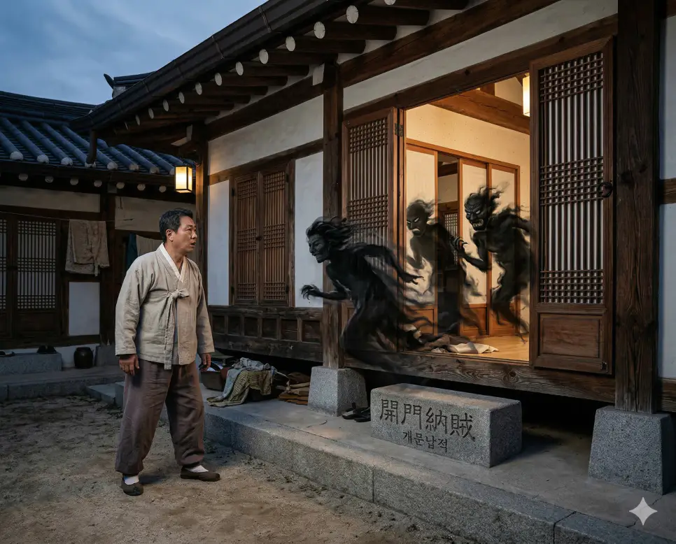 개문납적(開門納賊) 뜻 – 문을 열어 도둑을 맞아들인다는 뜻으로, 스스로 재앙을 불러들임을 상징하는 대문 열린 집의 사실적 이미지